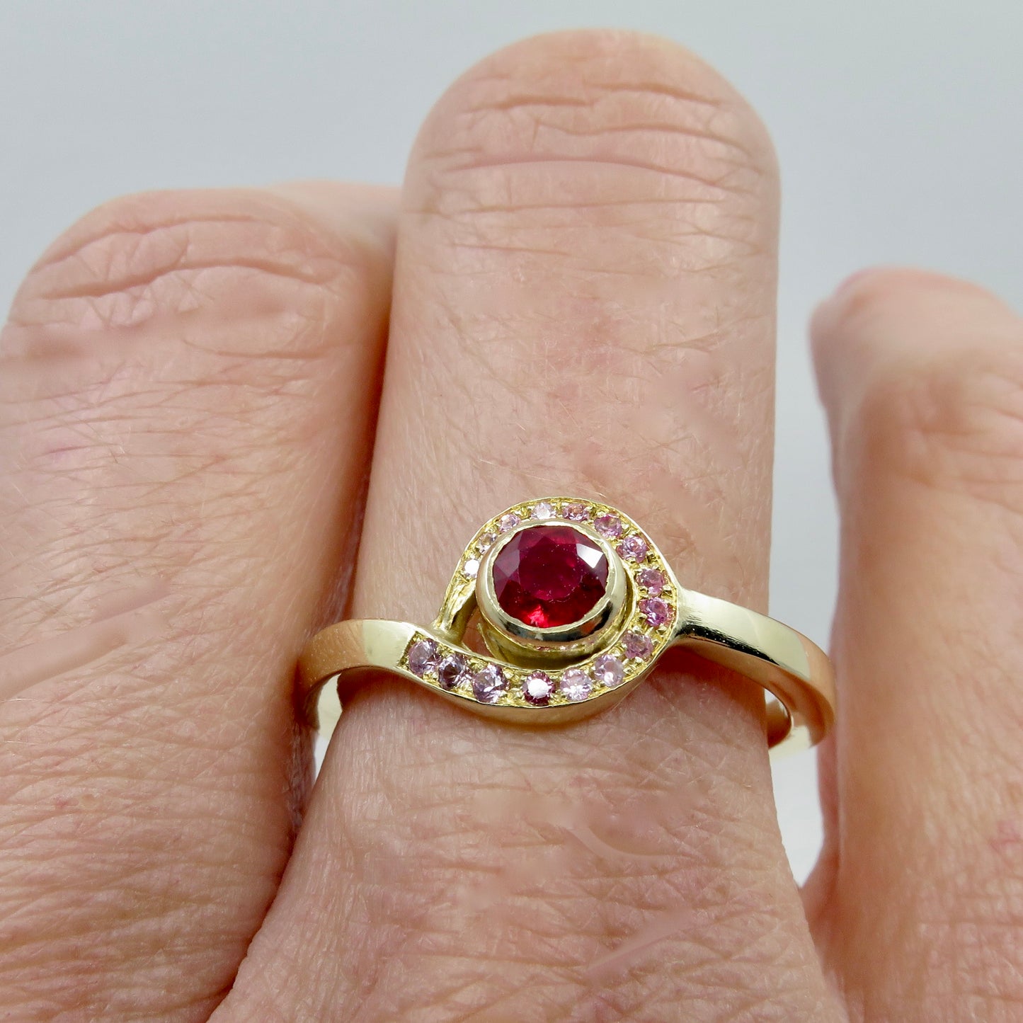 Ruby and pink sapphire engagement ring